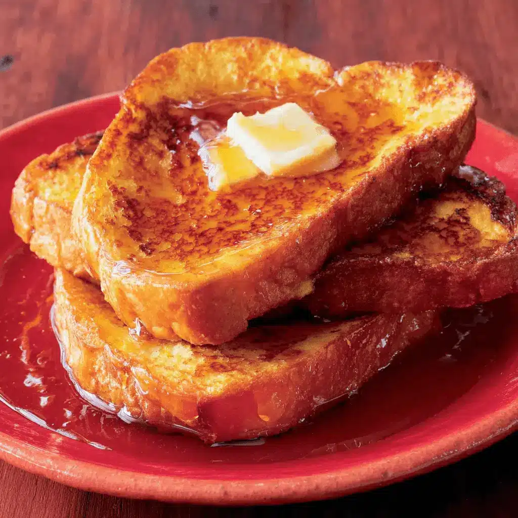 The Ultimate Fluffy Cinnamon French Toast 2 Close-up of golden Cinnamon French Toast slices drenched in maple syrup and topped with melting butter on a rustic red plate.