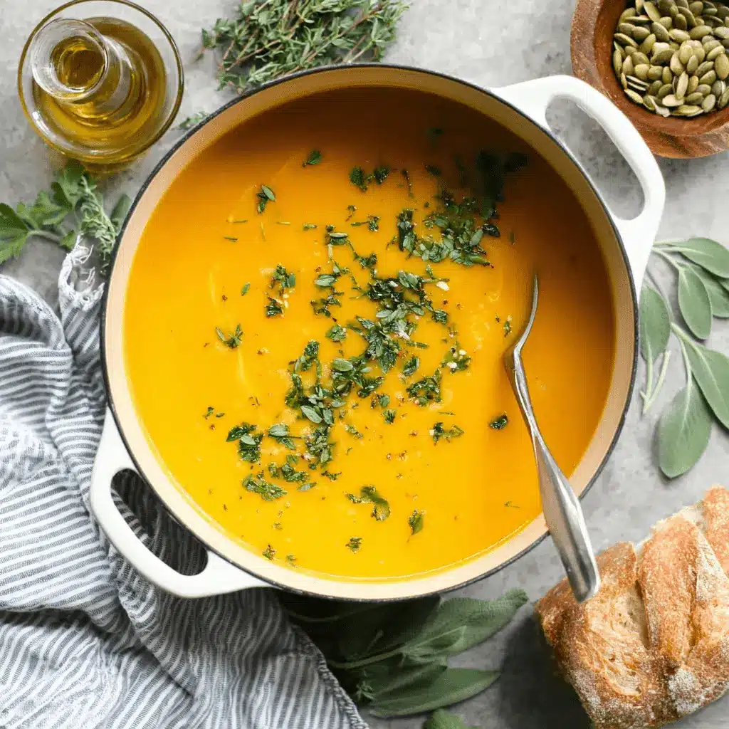 Ultimate Butternut Squash Soup: Creamy & Simple 2 Overhead view of creamy Butternut Squash Soup in a white Dutch oven, garnished with herbs, served with fresh bread and pumpkin seeds.