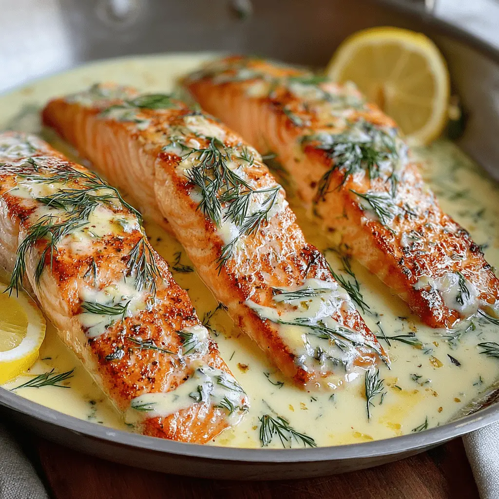 Ultimate Baked Salmon with Lemon Dill Sauce 2 Delicious Baked Salmon with Lemon Dill Sauce, featuring three perfectly cooked fillets in a creamy dill sauce with fresh lemon slices, served in a skillet.