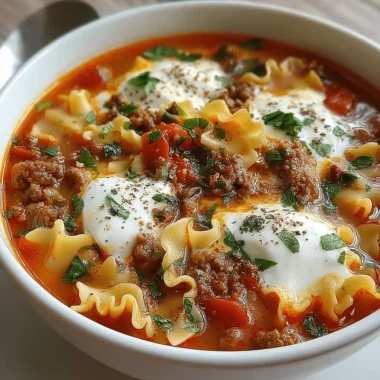 Amazing Lasagna Soup with Italian Herbs 3 Close-up, top-down view of a hearty bowl of Lasagna Soup with Italian Herbs, garnished with fresh ricotta and green herbs.