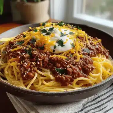 The Ultimate Authentic Cincinnati Chili 4 Close-up of Authentic Cincinnati Chili served over spaghetti with shredded cheddar, sour cream, and fresh parsley in a rustic bowl.