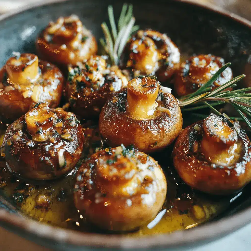 Spectacular Garlic Butter Roasted Mushrooms 2 Close-up of golden-brown Garlic Butter Roasted Mushrooms garnished with fresh rosemary in a rustic dark bowl.