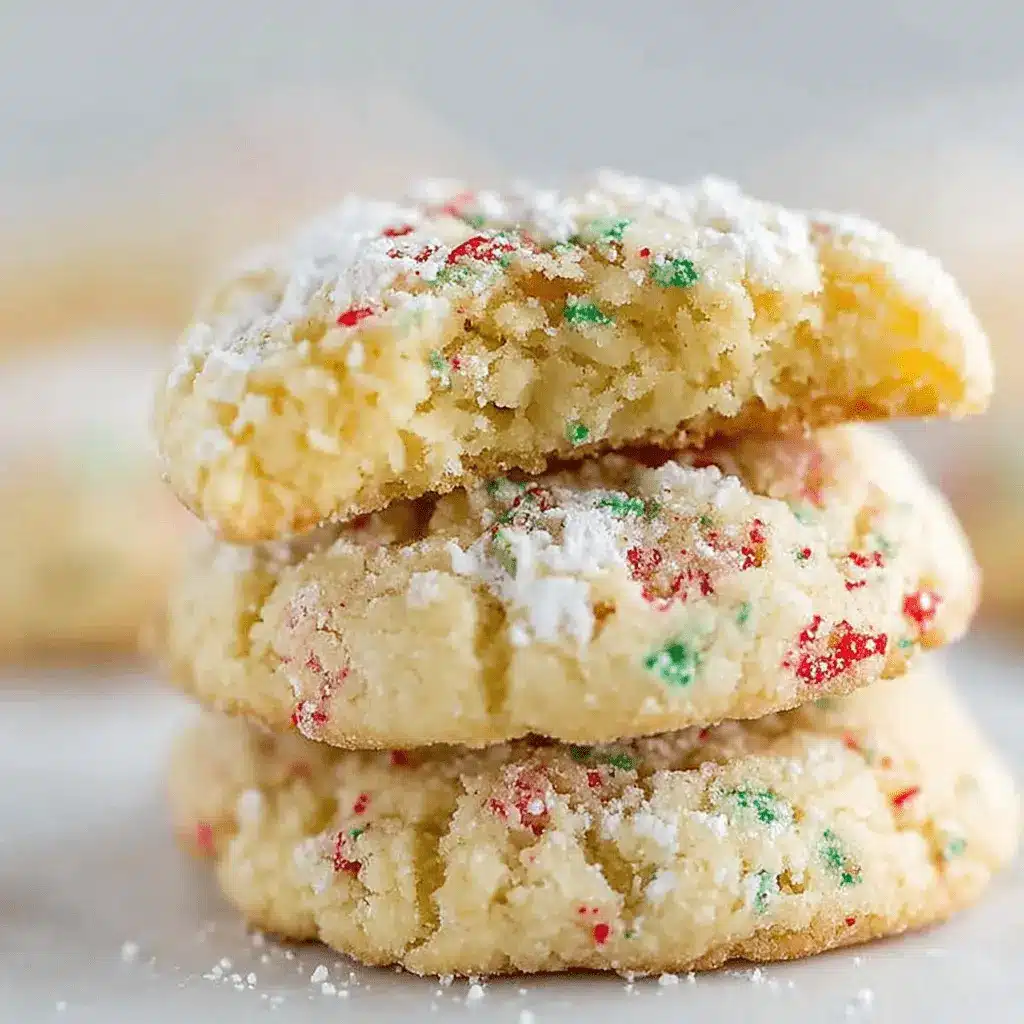 Ultimate Christmas Ooey Gooey Butter Cookies 2 A close-up of a stack of three festive christmas ooey gooey butter cookies, heavily dusted with powdered sugar and adorned with red and green sprinkles, with a bite taken from the top cookie.