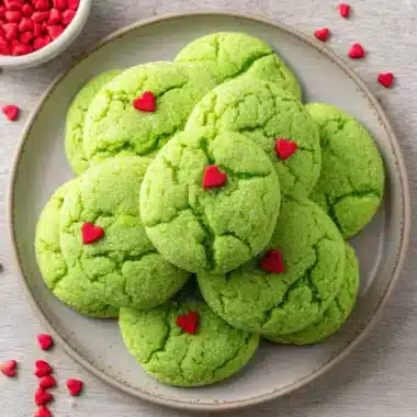 Amazing Grinch Sugar Cookies: Quick & Easy 4 A stack of vibrant green, crinkle-textured Grinch Sugar Cookies covered in granulated sugar and topped with red heart sprinkles on a rustic plate.