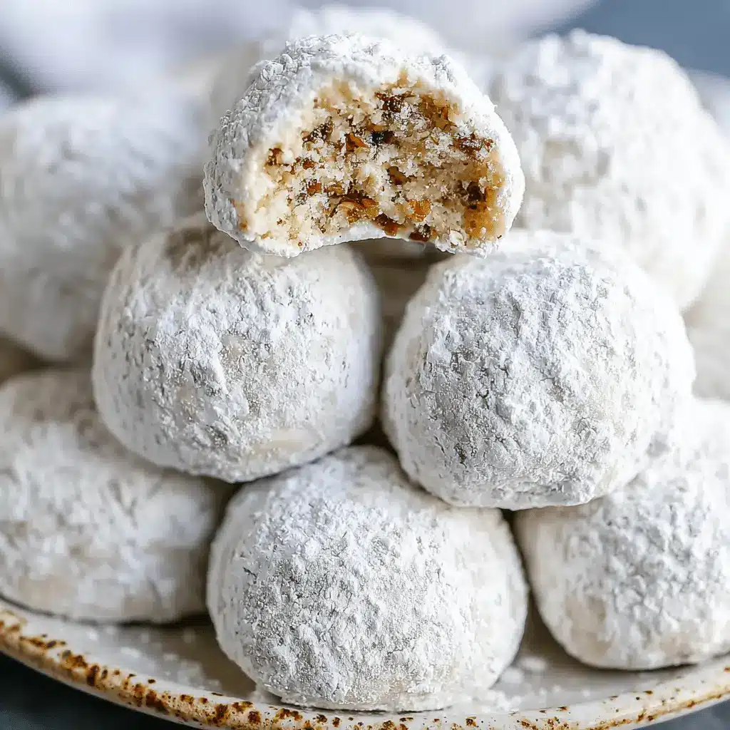 The Ultimate Foolproof Snowball Cookies 2 Close-up of a pile of sugar-dusted Snowball Cookies on a rustic plate, with one broken to reveal the nutty interior.