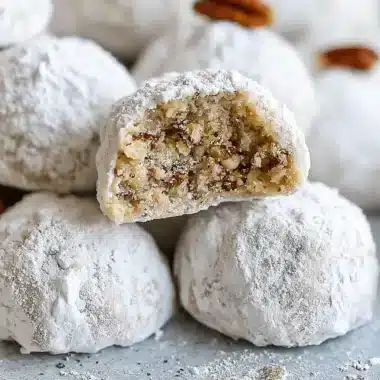 Easy Pecan Snowball Cookies: Foolproof Recipe 3 Close-up of freshly baked Pecan Snowball Cookies, generously coated in powdered sugar with one broken in half to show the pecan-studded interior.