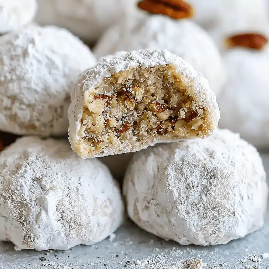 Easy Pecan Snowball Cookies: Foolproof Recipe 2 Close-up of freshly baked Pecan Snowball Cookies, generously coated in powdered sugar with one broken in half to show the pecan-studded interior.