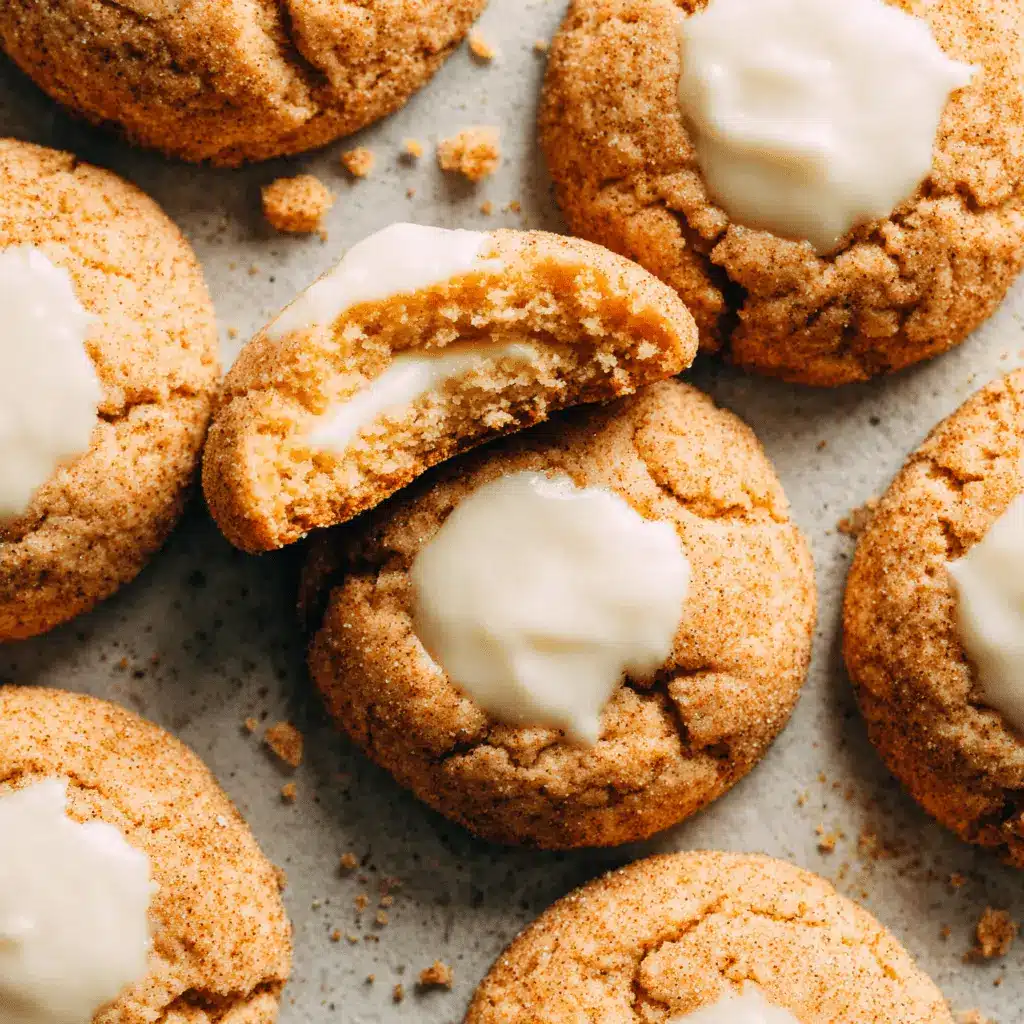 The Ultimate Snickerdoodle Thumbprint Cookies 2 Overhead view of freshly baked Snickerdoodle Thumbprint Cookies with creamy white filling, one broken to show the stuffed interior.