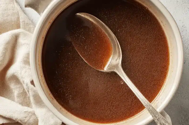 Overhead view of a rustic pot filled with rich, dark Beef au Jus and an antique silver spoon.