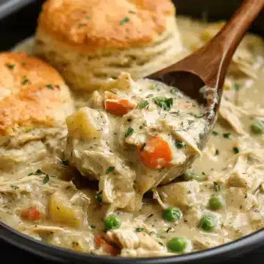Quick & Easy Crockpot Chicken Pot Pie 4 A close-up of hearty Crockpot Chicken Pot Pie filling with shredded chicken, vegetables, and fluffy biscuits.