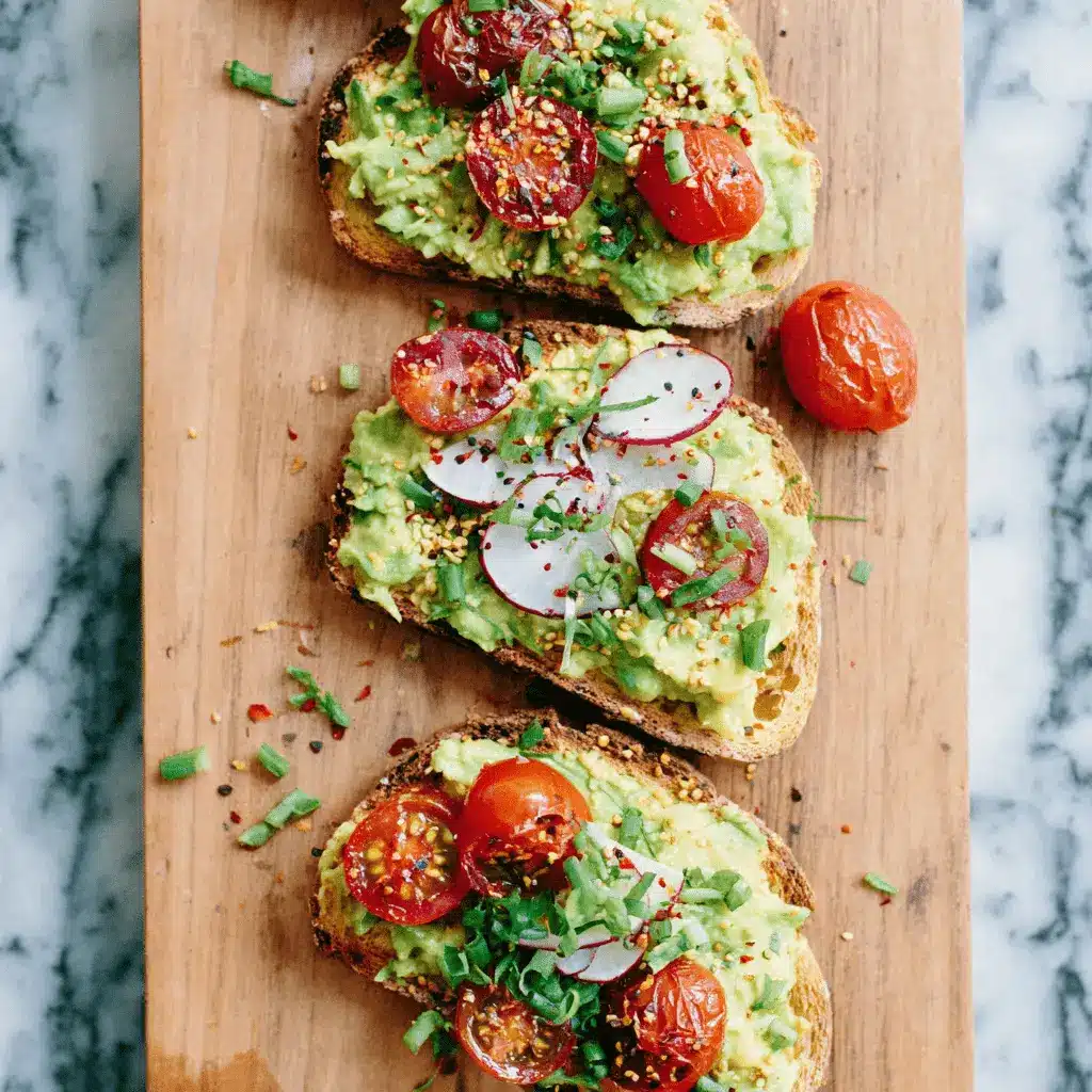The Ultimate Easy Avocado Toast Recipe 2 Three gourmet avocado toast slices with diverse toppings like roasted cherry tomatoes, radishes, and green onions on a rustic wooden board.