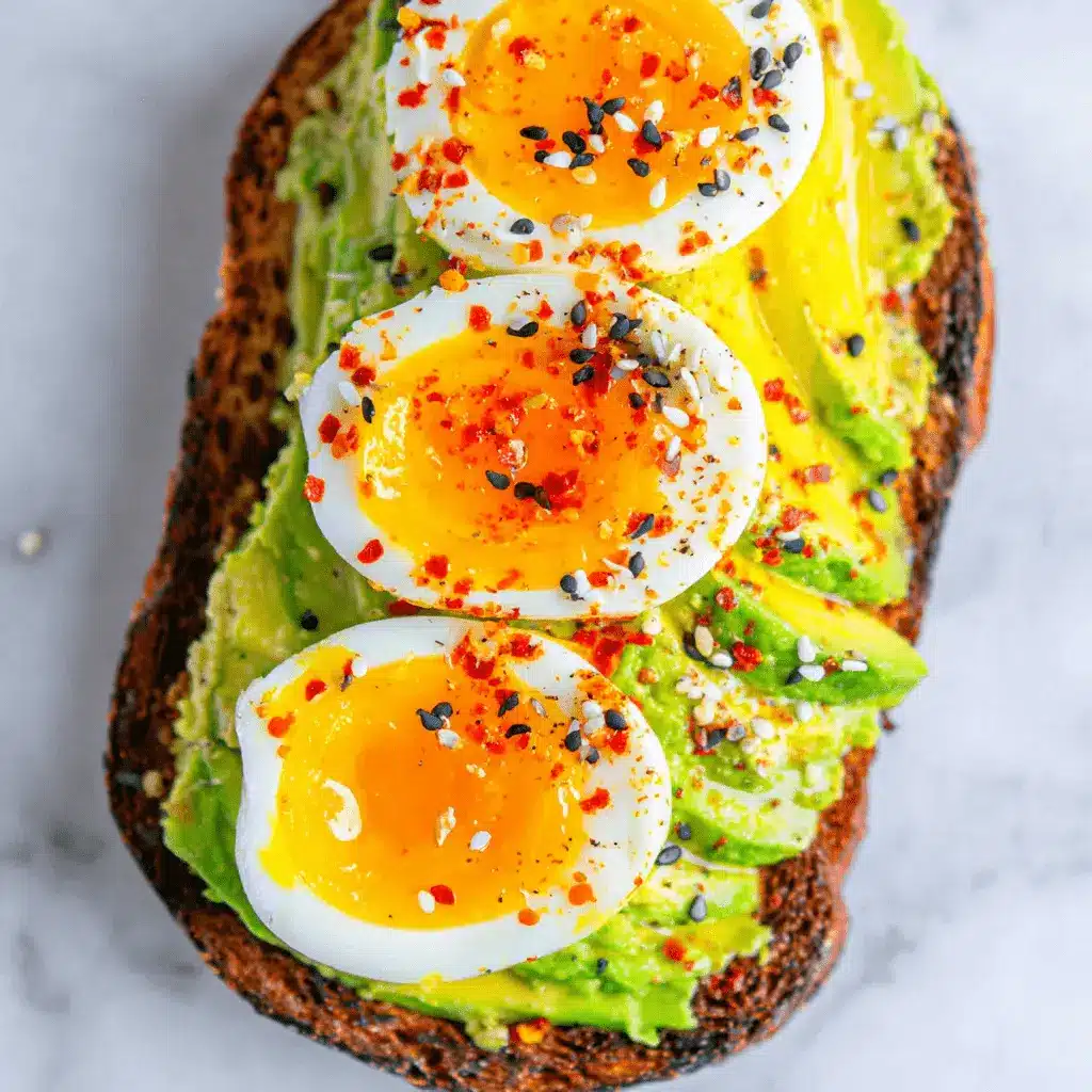The Ultimate Avocado Toast With Egg Guide 2 A vibrant whole-grain avocado toast with egg, featuring soft-boiled halves, everything bagel seasoning, and chili flakes on a marble backdrop.