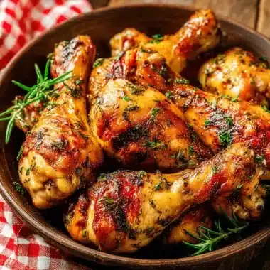 Simple & Delicious Roasted Chicken Legs Recipe 4 Golden-brown, herb-crusted roasted chicken legs in a rustic ceramic bowl with fresh rosemary garnish.