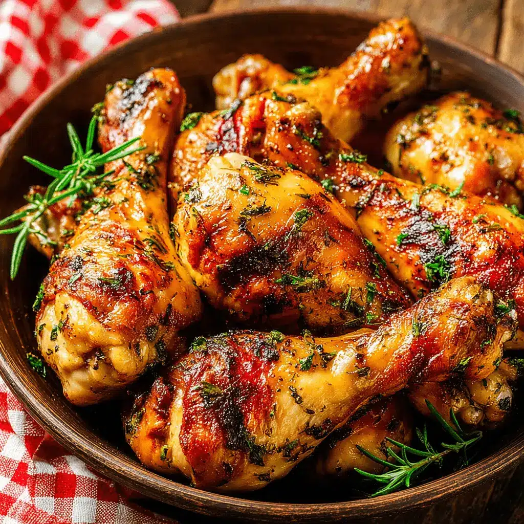 Simple & Delicious Roasted Chicken Legs Recipe 2 Golden-brown, herb-crusted roasted chicken legs in a rustic ceramic bowl with fresh rosemary garnish.