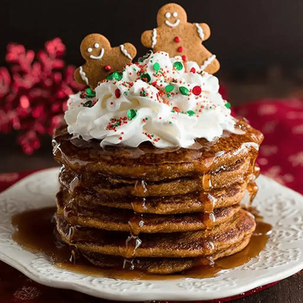 Amazing Gingerbread Pancakes: A Simple Recipe 2 A festive stack of gingerbread pancakes topped with whipped cream, red and green sprinkles, and two gingerbread men cookies, drizzled with syrup.