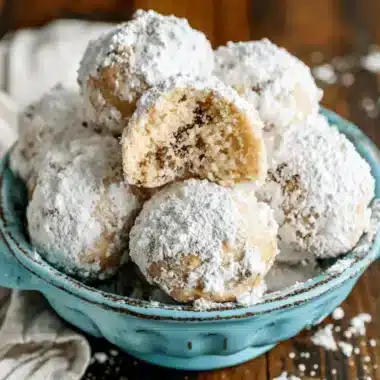 The Ultimate Russian Tea Cakes Recipe 4 Appetizing close-up of russian tea cakes, generously dusted with powdered sugar in a rustic blue bowl.