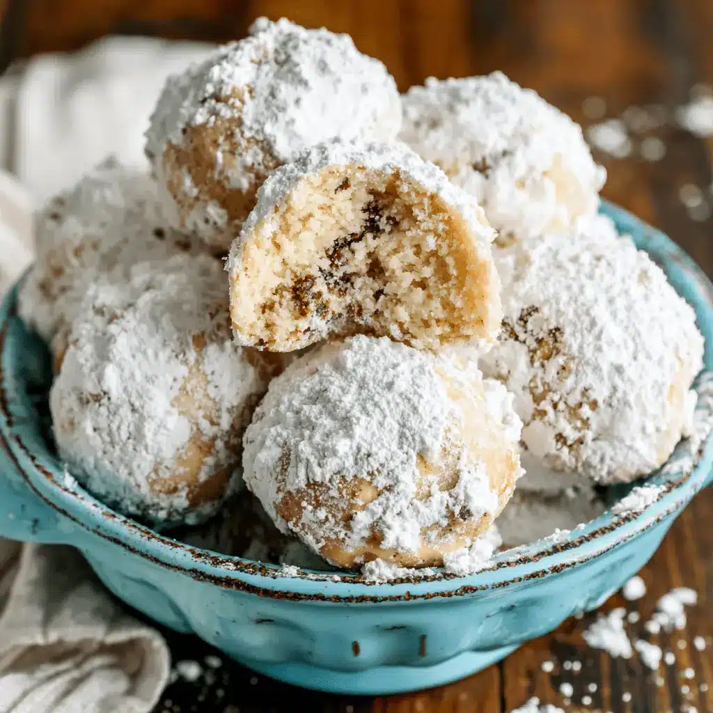 The Ultimate Russian Tea Cakes Recipe 2 Appetizing close-up of russian tea cakes, generously dusted with powdered sugar in a rustic blue bowl.