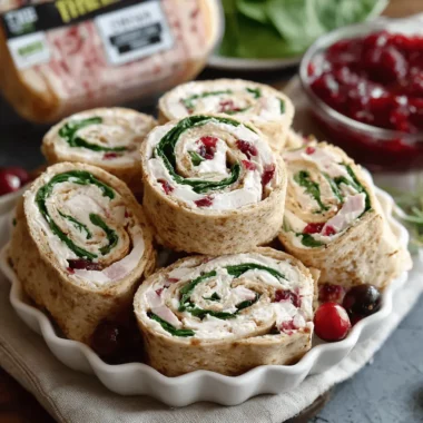 Terrific Turkey Cranberry Pinwheels Recipe 3 Appetizing close-up of Turkey Cranberry Pinwheels arranged on a white scalloped dish, featuring turkey, cream cheese, spinach, and cranberries.