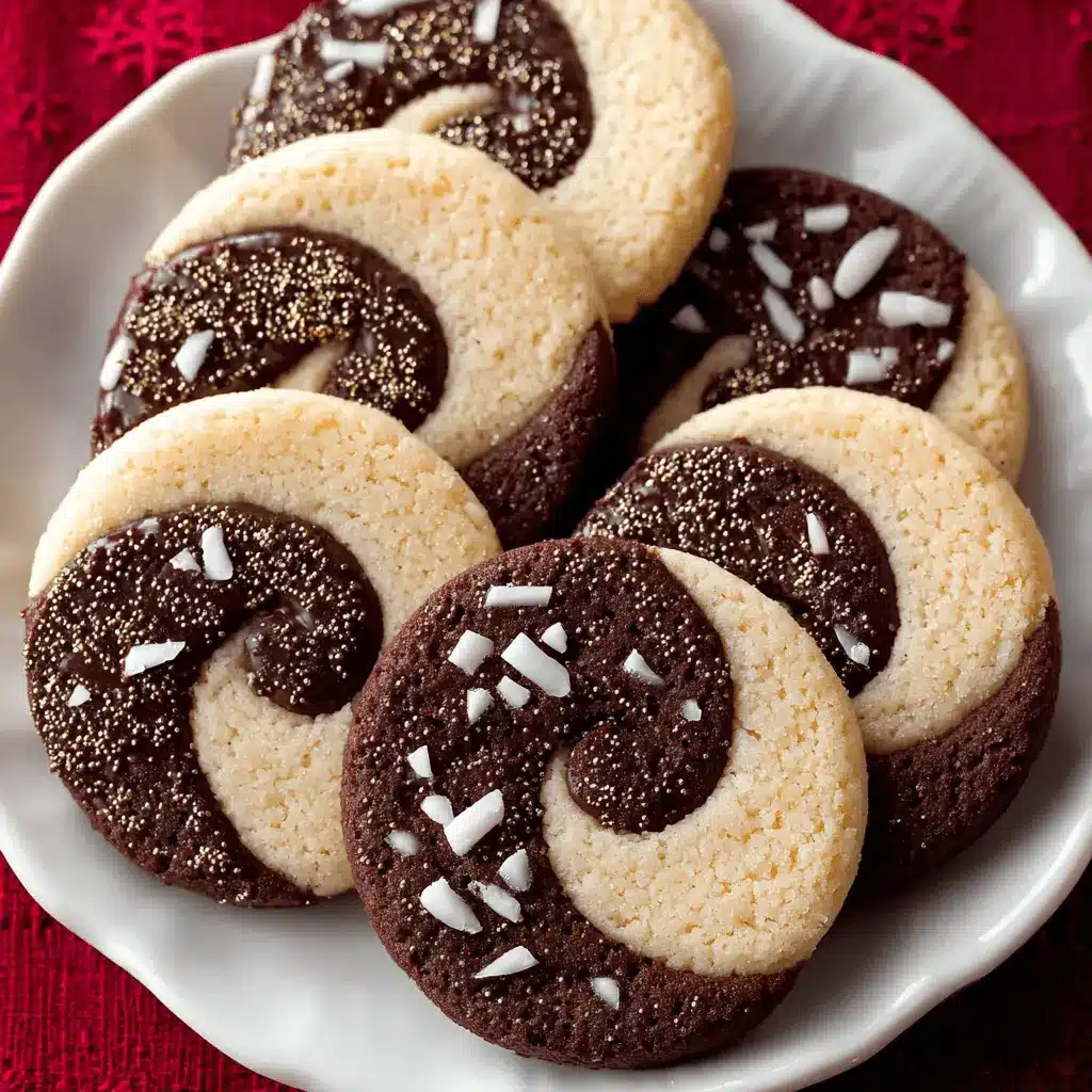 Ultimate Colorful Christmas Pinwheel Cookies 2 Close-up of festive Christmas Pinwheel Cookies with two-tone chocolate and light dough swirls, some glazed with chocolate and gold sprinkles, on a white plate.