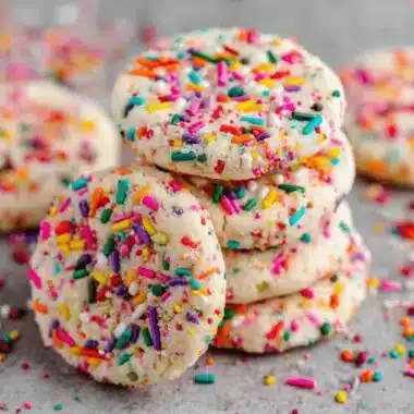 The Ultimate Colorful Sprinkle Sugar Cookies 4 A close-up of delicious sprinkle sugar cookies, stacked high and adorned with vibrant colorful sprinkles on a muted background.