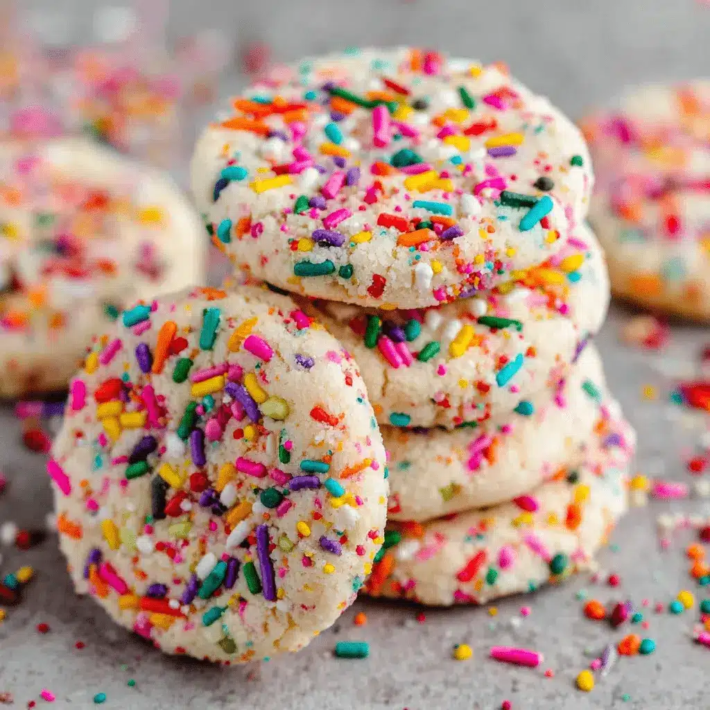 The Ultimate Colorful Sprinkle Sugar Cookies 2 A close-up of delicious sprinkle sugar cookies, stacked high and adorned with vibrant colorful sprinkles on a muted background.