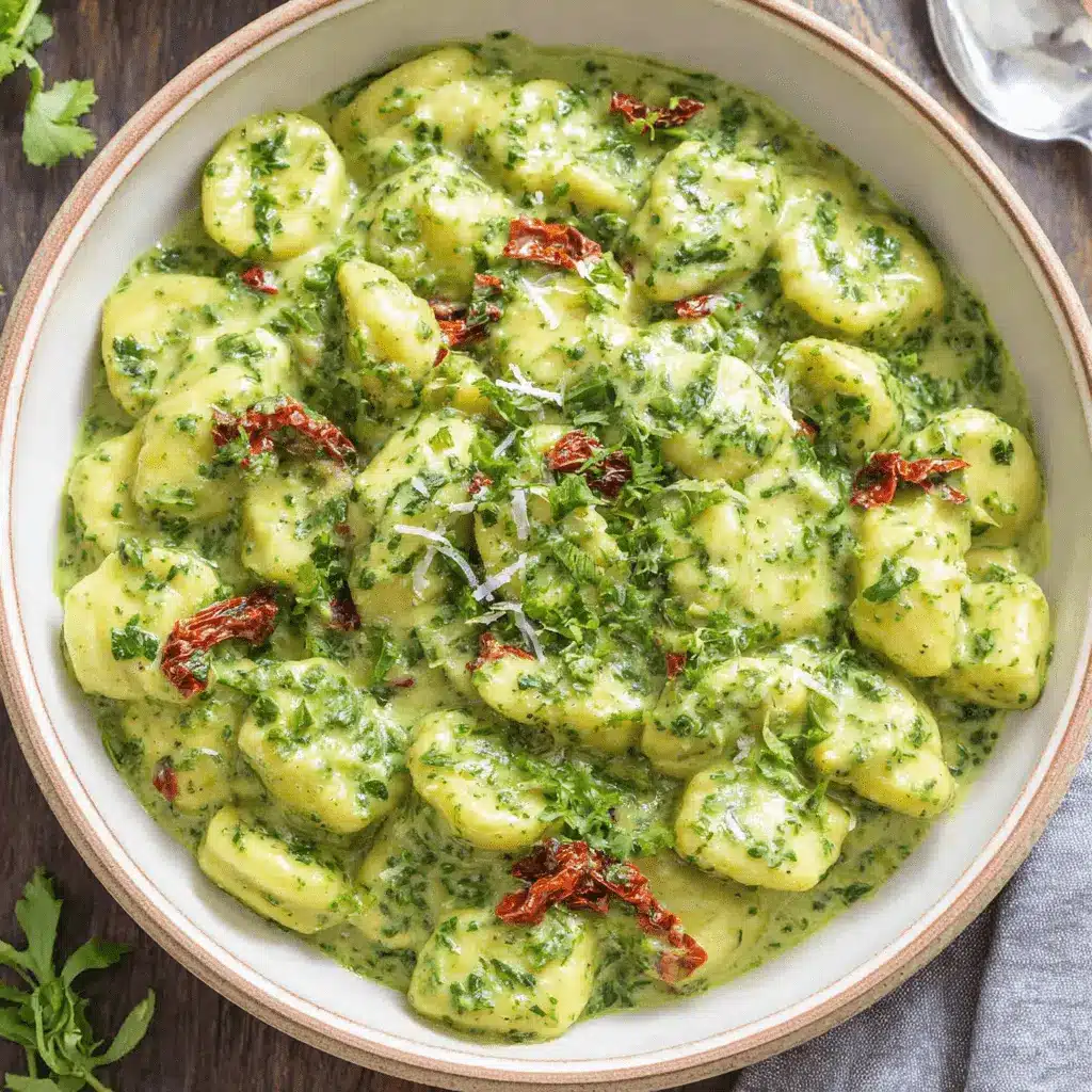 Amazing One-Pan Creamy Pesto Gnocchi 2 A rustic bowl of pillowy potato gnocchi coated in a vibrant, creamy pesto sauce, garnished with sun-dried tomatoes and fresh herbs, perfect for Creamy Pesto Gnocchi.