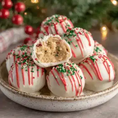 Wondrous Christmas Tree Cake Balls Recipe 4 Close-up of festive christmas tree cake balls with white chocolate coating, red drizzle, and holiday sprinkles on a rustic ceramic plate.