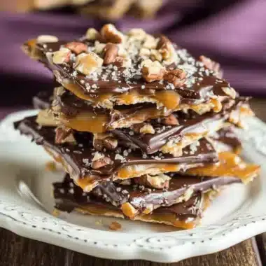 A delicious stack of homemade Saltine Cracker Toffee bars with caramel, chocolate, nuts, and sea salt on a white ceramic plate.