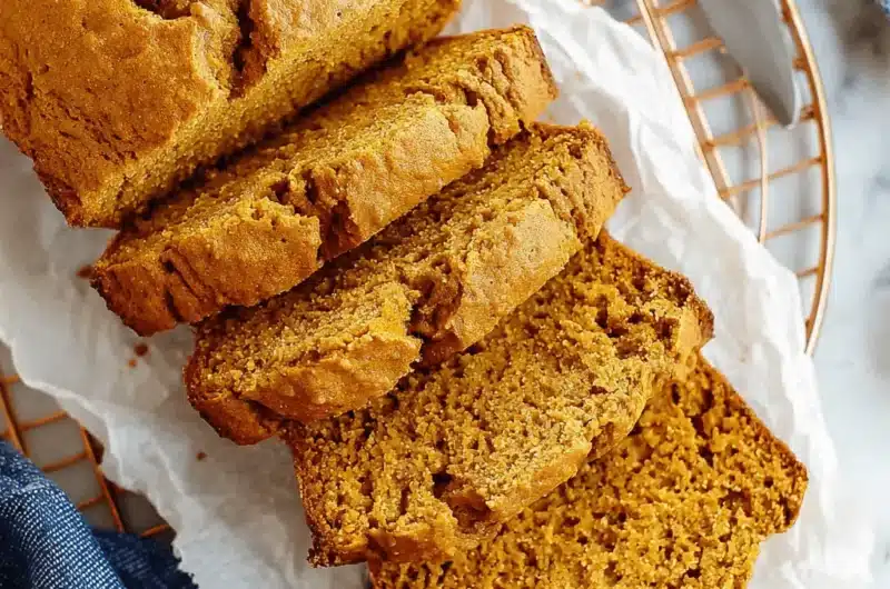 Freshly baked pumpkin bread loaf, partially sliced on a cooling rack with a knife.