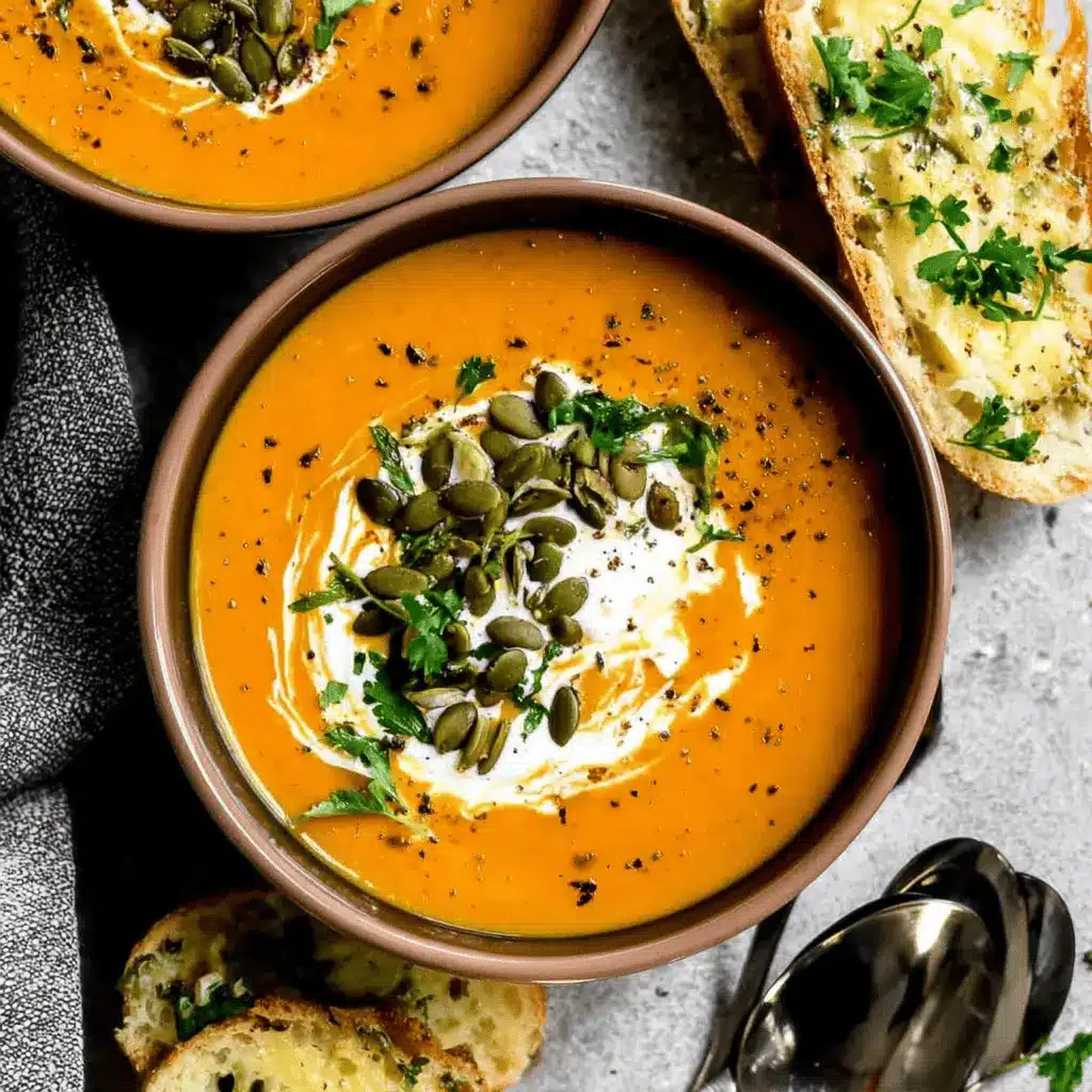 Warm pumpkin soup in two bowls, garnished with cream, pumpkin seeds, and fresh herbs, served with toasted garlic bread on a gray surface.