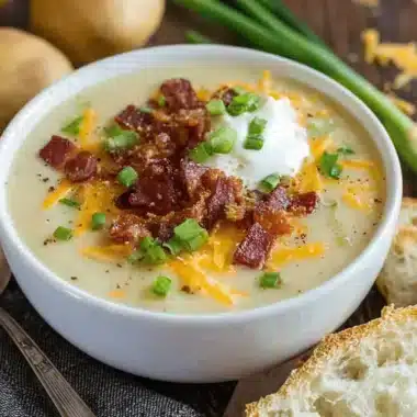 Close-up of a rustic bowl of creamy loaded baked potato soup, garnished with bacon, cheddar, sour cream, and fresh chives.