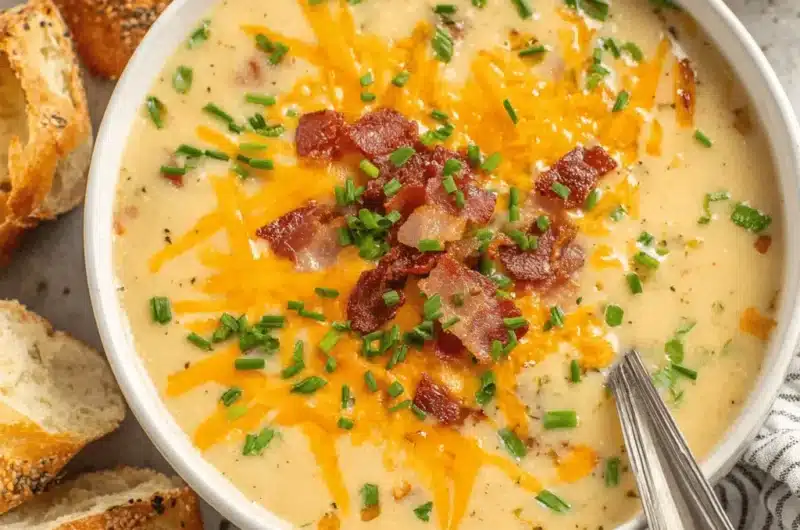 Top-down view of creamy potato soup, rich with cheese, bacon, and chives, prepared in a crock pot and served in a white bowl with crusty bread.