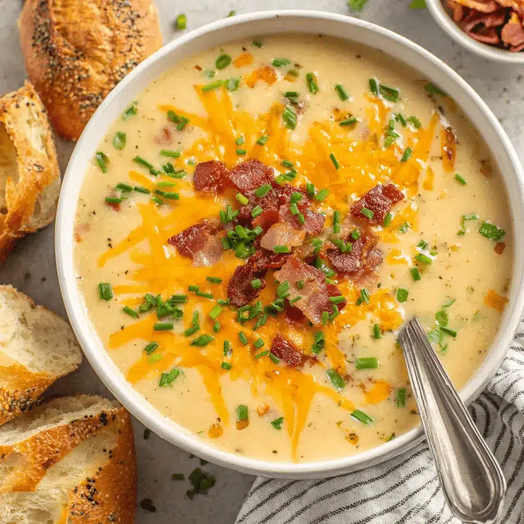 Top-down view of creamy potato soup, rich with cheese, bacon, and chives, prepared in a crock pot and served in a white bowl with crusty bread.