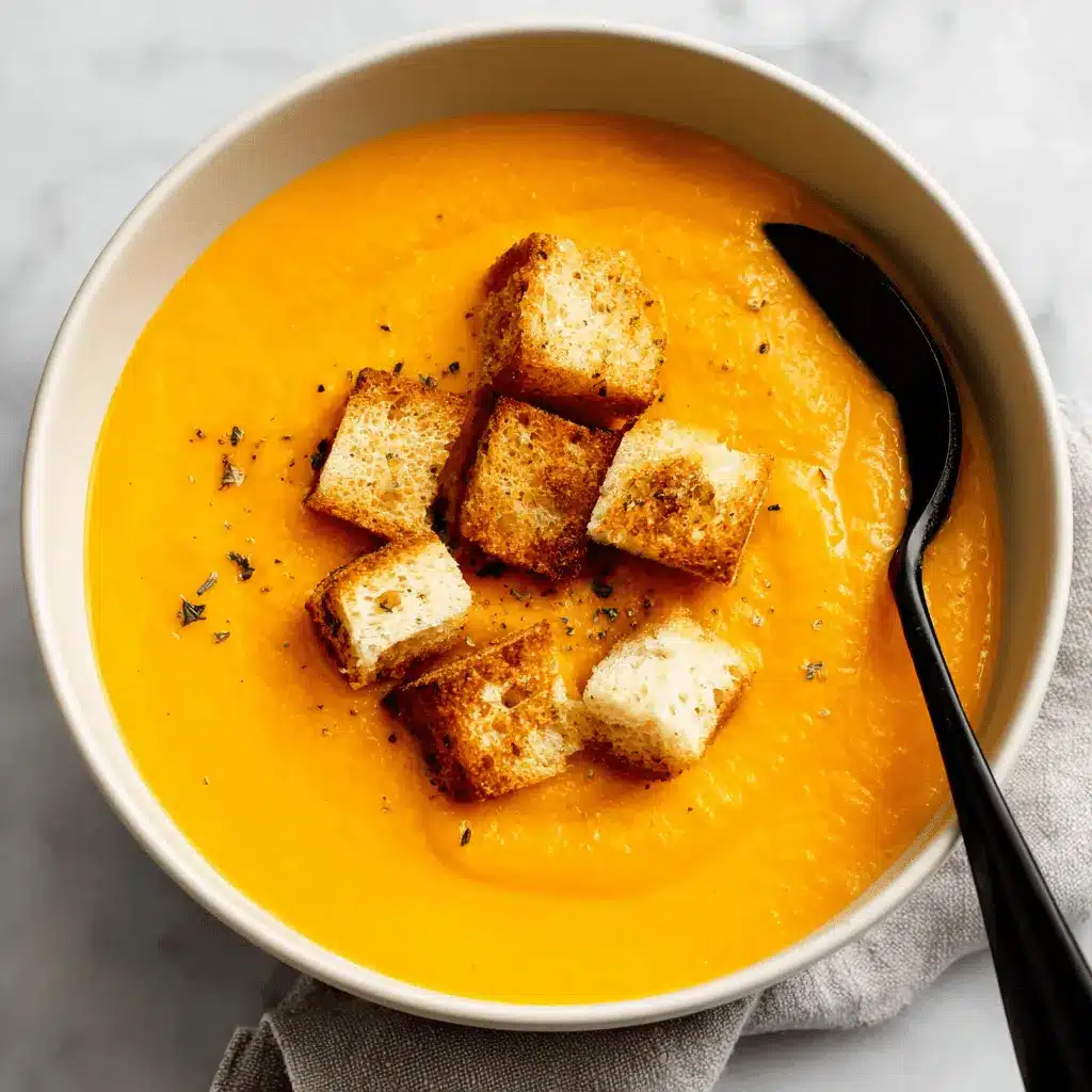 Amazing Sweet Potato Soup: Easy & Creamy 2 Overhead view of creamy sweet potato soup in a white bowl, garnished with crispy croutons and fresh herbs on a marble surface.