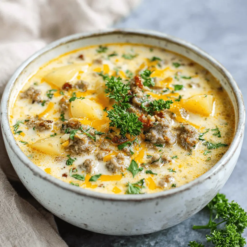 Rustic bowl of creamy sausage potato soup garnished with fresh parsley on a textured background.