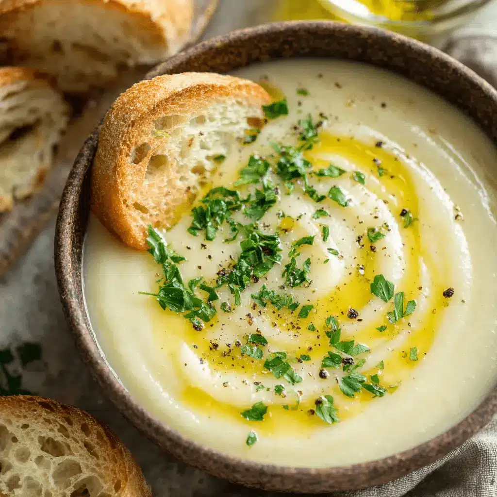 Ultimate Leek and Potato Soup: Foolproof Recipe 2 Close-up of creamy leek and potato soup garnished with olive oil, fresh herbs, and black pepper, served with rustic bread.