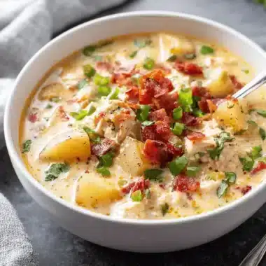 A close-up, top-down view of a creamy chicken potato soup in a white bowl, garnished with crispy bacon and fresh green onions, ready to be enjoyed.