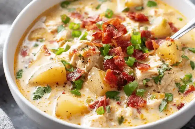 A close-up, top-down view of a creamy chicken potato soup in a white bowl, garnished with crispy bacon and fresh green onions, ready to be enjoyed.