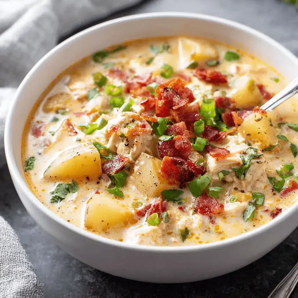 A close-up, top-down view of a creamy chicken potato soup in a white bowl, garnished with crispy bacon and fresh green onions, ready to be enjoyed.