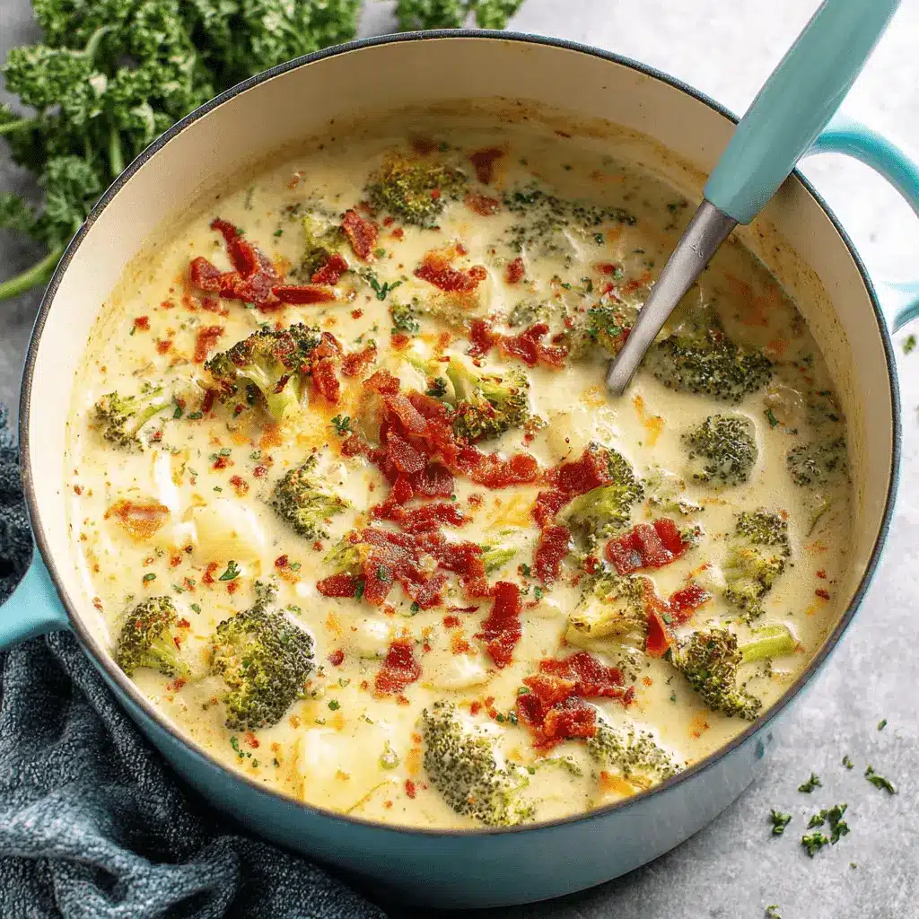 The Ultimate Creamy Broccoli Potato Soup 2 Overhead view of a hearty and creamy broccoli potato soup, garnished with bacon and herbs, served in a vibrant teal Dutch oven.