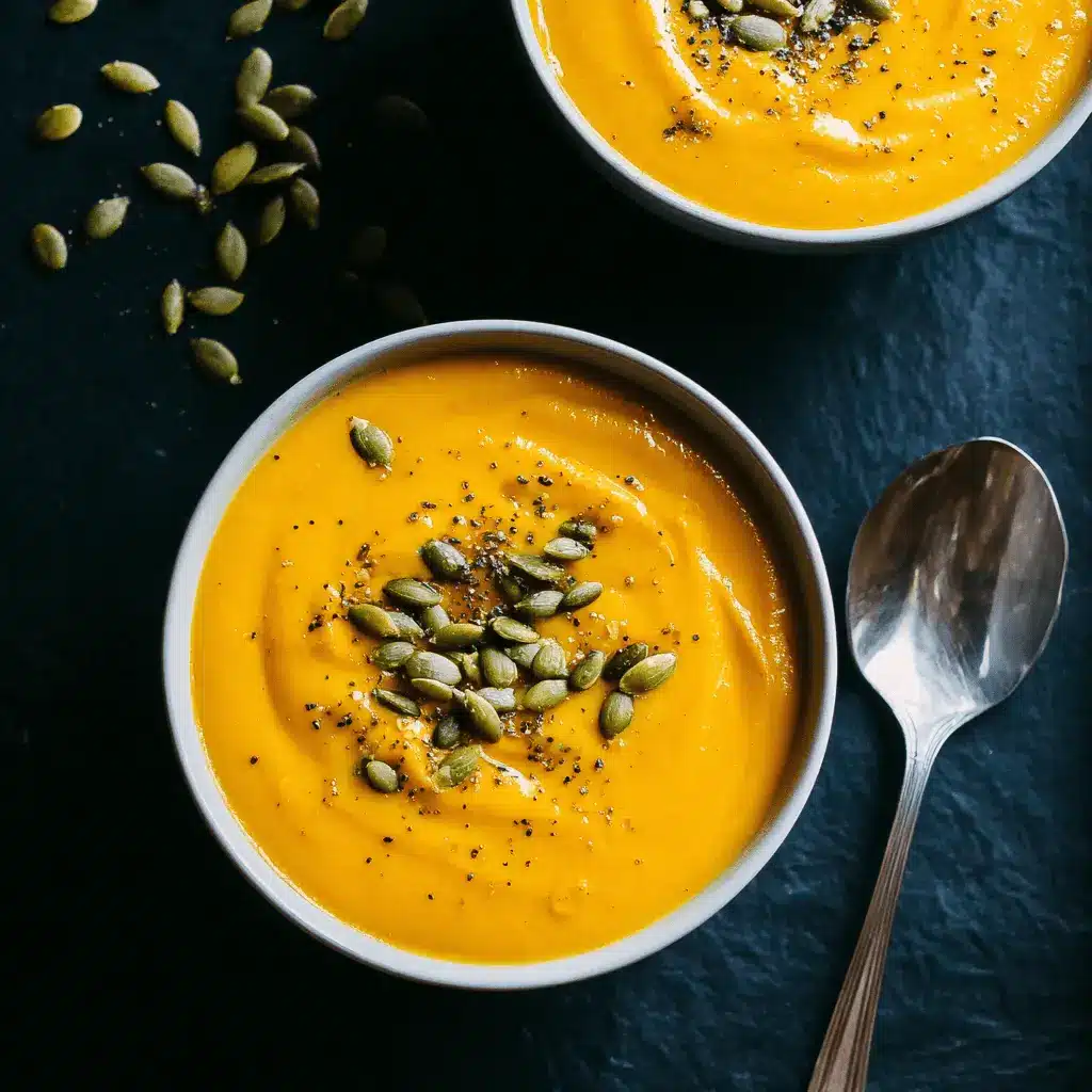 The Ultimate Foolproof Roasted Pumpkin Soup 2 Creamy roasted pumpkin soup in two bowls, garnished with pumpkin seeds on a dark, rustic background.