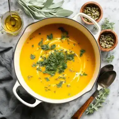 Vibrant butternut squash soup garnished with cream and parsley, presented with ingredients like pumpkin seeds and sage, perfect for comforting butternut squash recipes soup.