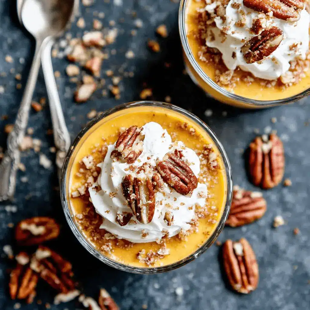 The Ultimate Pumpkin Desserts Guide 2 Close-up of two servings of vibrant orange pumpkin desserts in glass bowls, topped with whipped cream, pecans, and cookie crumbles.