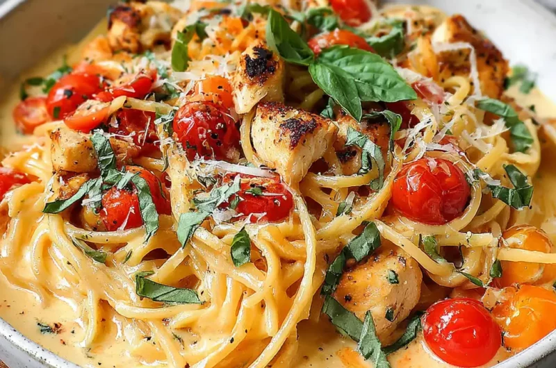 Vibrant creamy Tomato Basil Pasta with chicken, cherry tomatoes, fresh basil, and Parmesan cheese.