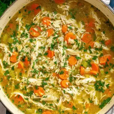 Overhead photograph of a large, blue Dutch oven filled with hearty Simple Chicken and Rice Soup, garnished with fresh parsley.