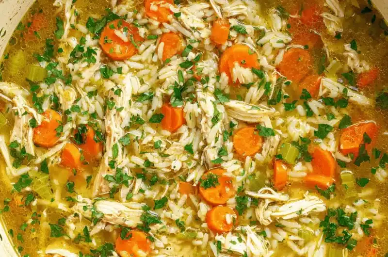 Overhead photograph of a large, blue Dutch oven filled with hearty Simple Chicken and Rice Soup, garnished with fresh parsley.