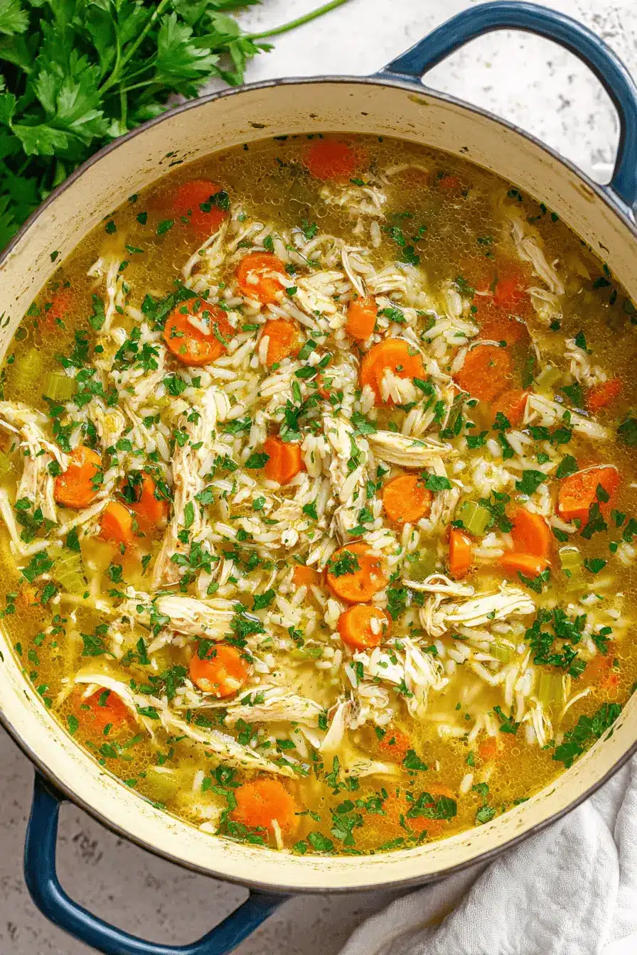 Overhead photograph of a large, blue Dutch oven filled with hearty Simple Chicken and Rice Soup, garnished with fresh parsley.