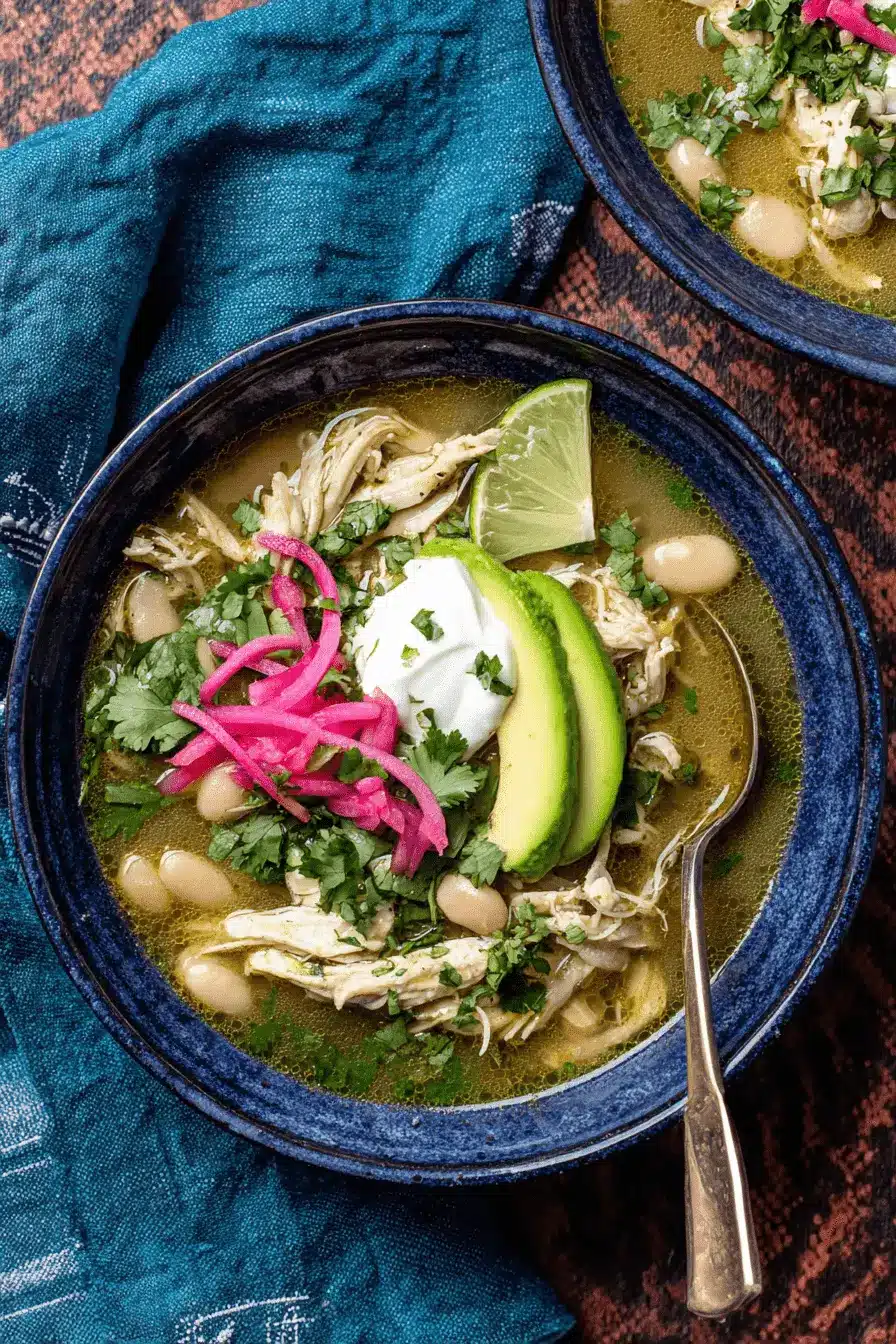 The Ultimate Green Chili Chicken Soup Recipe 2 Hearty bowl of green chili chicken soup garnished with avocado, pickled onions, and fresh cilantro on a dark background.
