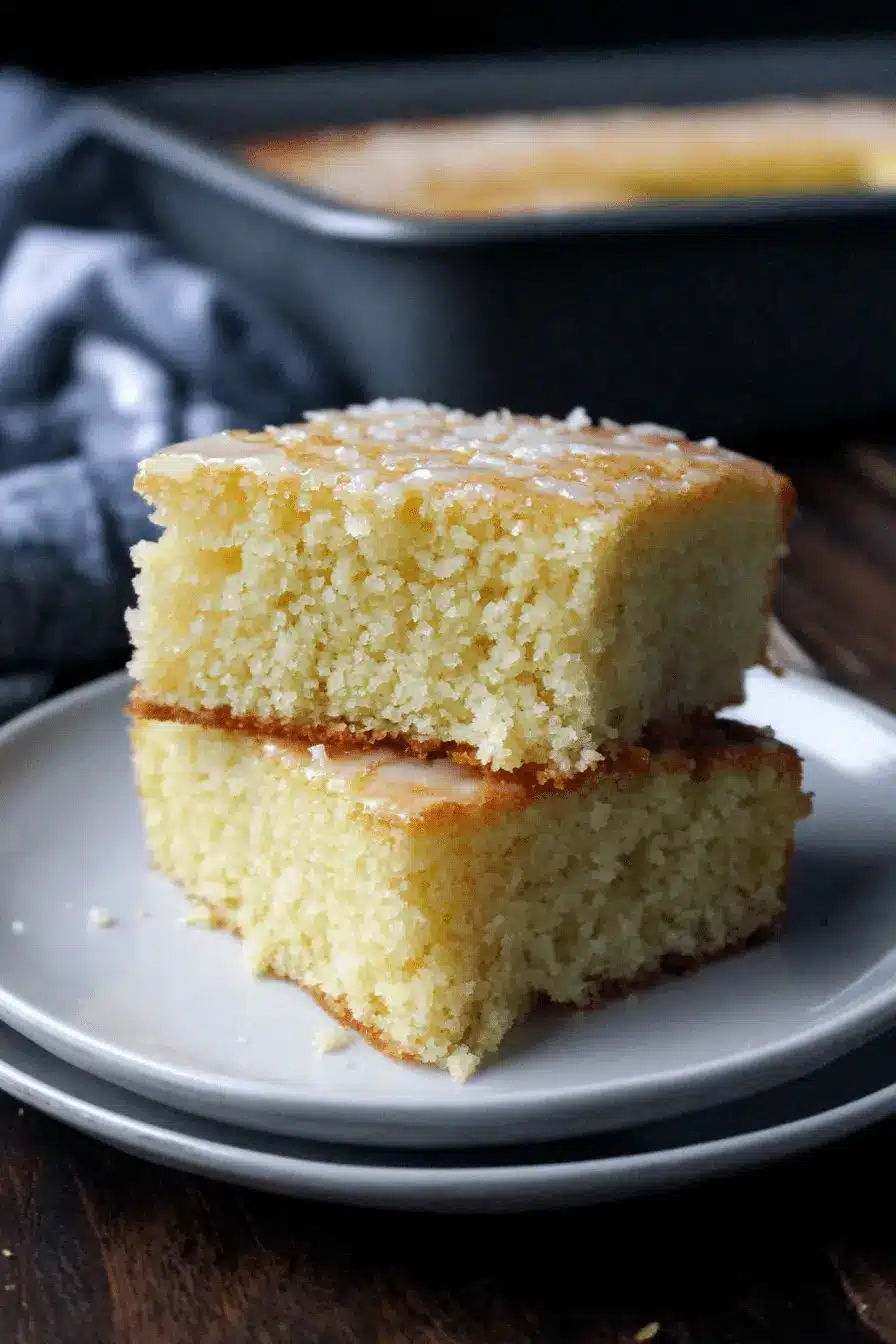 The Ultimate Easy French Butter Cake Recipe 2 Stacked square slices of moist french butter cake with a translucent white glaze and fine coconut sprinkles.