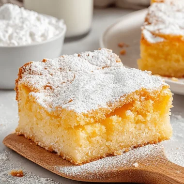 Amazing Simple Ooey Gooey Butter Cake 4 A golden, moist slice of ooey gooey butter cake dusted with powdered sugar, served on a plate next to a glass of milk.